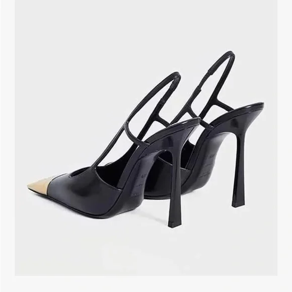 Black Slingback Heels Gold Metal Pointed Toe Stiletto Pumps Size 9 - Picture 3 of 11